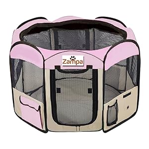 Zampa Foldable Pet Playpen for Dogs/Cats Portable, Exercise Kennel Pink