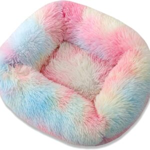 pawstrip Dog Bed, Soft Long Plush Winter Cat Bed, Washable Fluffy Warm Pet Cushion for Cats Puppy Small Medium Dogs, Calming Pet Beds Improved Sleep (S, Rainbow)