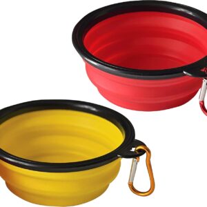 ARTISTRY Pack of 2 Collapsible Dog Bowl Portable Travel Dog Bowl for Small Pet Dog Cat Silicone Collapsable Dogs Drinking Bowl for Food Water Feeding with Metal Hook Foldable Dog Bowl(Red/Yellow)