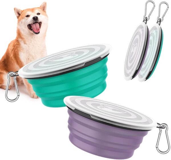 Pawaboo Collapsible Dog Bowls 2 Pack, Silicone Feeding Watering Bowls with Lids & Carabiners for Dogs Cats, Portable Collapsable Water Feeder Food Bowl for Walking Traveling Home Use, VioletTurquoise