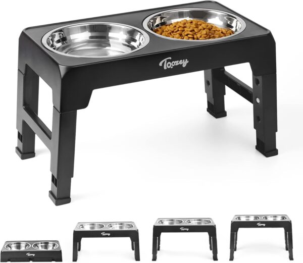 Toozey Raised Dog Bowl Height-Adjustable, Dog bowls with 2x 1200ml Stainless Steel Bowls, for Medium & Large Dogs, Non-Slip and No Spill (Black)