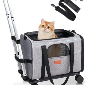 Morpilot Cat Carrier with Wheels Airline Approved, Pet Dog Carrier with Wheels for Small Dogs, Rolling Cat Carrier for Large Cats Puppy Stroller Detachable and Foldable Pet Travel Bag Dark Gray