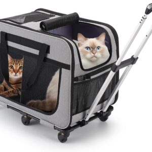 FASNATI Extra Large Double-Compartment Pet Carrier with Detachable Wheels for Cat/Dog, Foldable Rolling Carrier for 2 Cats, Pet Cat Travel Carrier for Walking/Camping, Grey