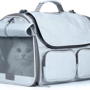 FUKUMARU Cat Carrier, Soft-Sided Small Dog Carrier, Large Cat Travel Bag with 4 Mesh Windows, Under 6.8 Kg Airline Approved Pet Carrier with 4 Storage Pockets, Rollable Cover for Nervous Cats, Grey