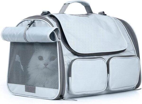 FUKUMARU Cat Carrier, Soft-Sided Small Dog Carrier, Large Cat Travel Bag with 4 Mesh Windows, Under 6.8 Kg Airline Approved Pet Carrier with 4 Storage Pockets, Rollable Cover for Nervous Cats, Grey