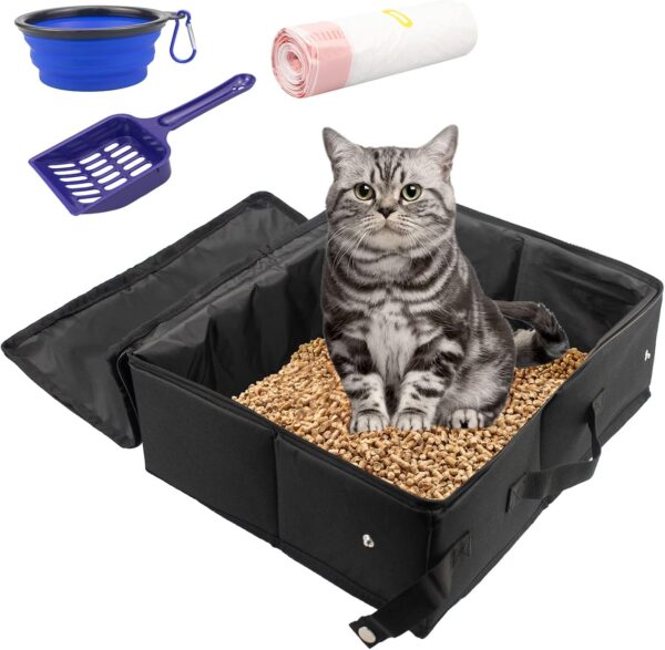 Travel Cat Litter Box, INUAN Foldable Portable Litter Box with Lid and Handle for Medium Cats and Kitties, Leak-Proof Lightweight Collapsible Cat Litter Carrier, Kitty Litter Box Waterproof 3