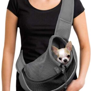 Small Dog Puppy Sling Carrier, Hands-Free Cat Carry Bag Mesh Pet Dog Papoose Pouch Tote Adjustable Padded Shoulder Pet Sling with Pocket & Collar Hook Pet Safety Carrier for Daily Walking Subway,L