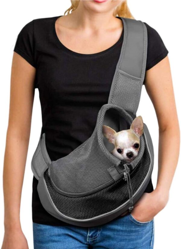 Small Dog Puppy Sling Carrier, Hands-Free Cat Carry Bag Mesh Pet Dog Papoose Pouch Tote Adjustable Padded Shoulder Pet Sling with Pocket & Collar Hook Pet Safety Carrier for Daily Walking Subway,L