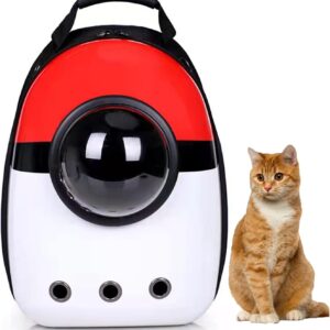 MYKOMI Pet Travel Carrier, Cat Dog Dome Space Capsule Bubble Backpack, Portable Waterproof Breathable Knapsack for Hiking, Traveling (white and red)