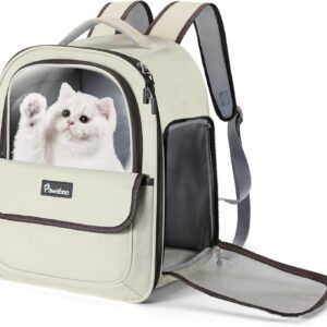 Pawaboo Cat Carrier Backpack, Bubble Backpack Carrier with Transparent PVC, Puppy Carrier Backpack Fits for Travel Hiking Walking Outdoor Use, Comfortable Cat Front Carrier Airline Approved, Beige