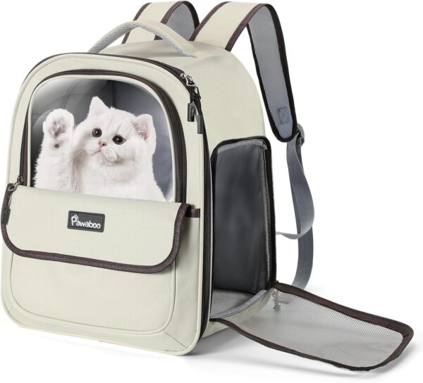 Pawaboo Cat Carrier Backpack, Bubble Backpack Carrier with Transparent PVC, Puppy Carrier Backpack Fits for Travel Hiking Walking Outdoor Use, Comfortable Cat Front Carrier Airline Approved, Beige