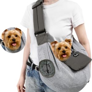 Eyein Dog Slings for Small Dogs, Up to 12lbs Hand Free Adjustable Pet Puppy Sling Carrier with Window & Storage Pocket, Soft Comfortable Dog Cat Carry Bag with Safety Leash for Walking Outdoor(Grey,M)