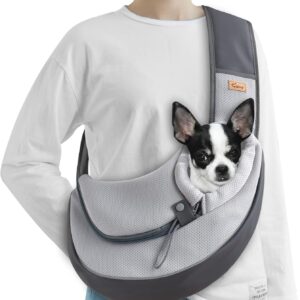 CUBY Pet Sling Carrier for Puppy Dog, Dogs Sling Carrier Breathable, Safety Front Pocket Pet Sling Carrier, Hands-Free Mesh Bag with Adjustable Shoulder Strap for Outdoor and Travel (S, Grey)