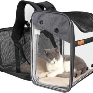 Pet Carrier Backpack for Puppy Dogs Cats 10kg - Expandable Transparent Transport Bag, Foldable Spacious Portable Top Opening Rucksack Airline Approved for Travel and Daily Use (grey)