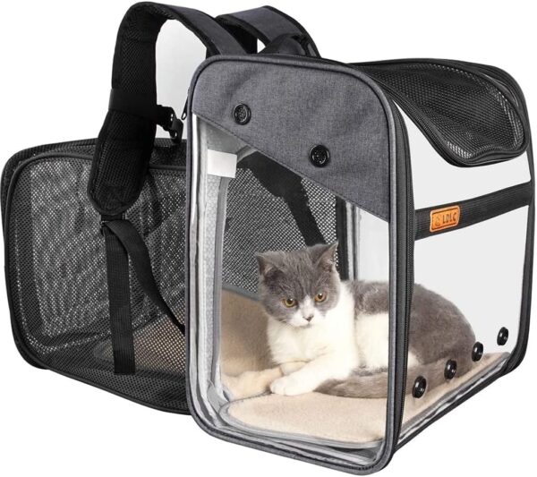 Pet Carrier Backpack for Puppy Dogs Cats 10kg - Expandable Transparent Transport Bag, Foldable Spacious Portable Top Opening Rucksack Airline Approved for Travel and Daily Use (grey)