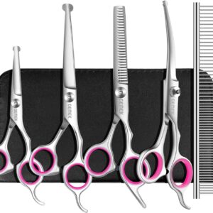 GEMEK Dog Grooming Scissors Set, 4CR Stainless Steel Safety Round Tip Pet Professional Grooming Tool 5 Pieces Kit - Straight, Curved, Thinning Shears & Comb for Dogs, Cats and Other Animals