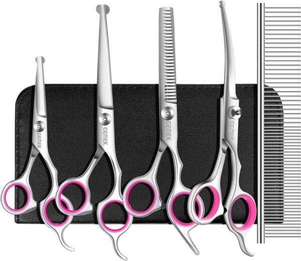 GEMEK Dog Grooming Scissors Set, 4CR Stainless Steel Safety Round Tip Pet Professional Grooming Tool 5 Pieces Kit - Straight, Curved, Thinning Shears & Comb for Dogs, Cats and Other Animals