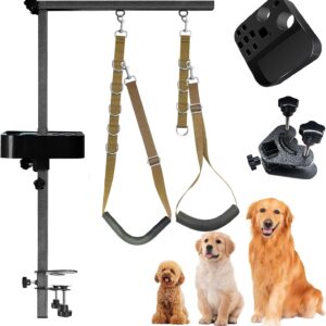 Dog Grooming Arm - 35" Dog Grooming Table Arm Foldable Dog Grooming Stand with Loop Noose and Grooming Tools Organizer for Small Medium Dogs, Khaki