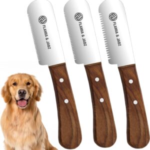 FLAMIA & JABZ Professional Dog Grooming Hand Stripping Knife, Stripper Trimmer Tool, Red Meranti Wooded Handle Non Slip Grip with Tripping Stainless Steel Blade (3 Piece Pack, Right Handed)