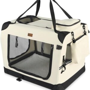 VOUNOT Pet Carrier Bag Portable Foldable Dog Cat Travel Carrier Bag, 3 Entry Doors, Breathable Mesh and Padded Handles, S Beige