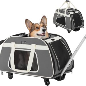 Petsfit Dog Trolley, Pet Carrier on Wheels with Telescopic Handle, Portable Large Dog/Cat Carrier Travel Tote Bag with Wheels