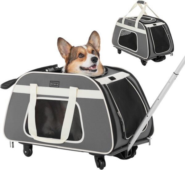 Petsfit Dog Trolley, Pet Carrier on Wheels with Telescopic Handle, Portable Large Dog/Cat Carrier Travel Tote Bag with Wheels