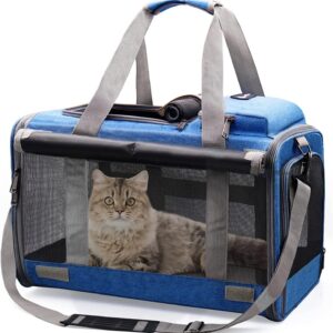 Cat Carrier Large Dog Travel Bag Airline Approved Pet Carrier Foldable, Cat Carrier Bag for Large Small Cat and Small Dog 5-Windows Breathable, Dog Carrier for Travel Blue