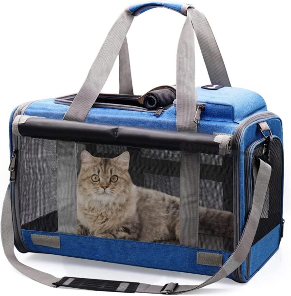 Cat Carrier Large Dog Travel Bag Airline Approved Pet Carrier Foldable, Cat Carrier Bag for Large Small Cat and Small Dog 5-Windows Breathable, Dog Carrier for Travel Blue