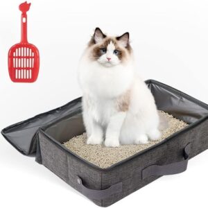 HIKEMAN Kitten Cat Litter Tray - Foldable Litter Box,Portable Cat Toilet with a Scoop for Small Cats & Rabbits,Pet Supplies for Housetraining,Travel (Grey)