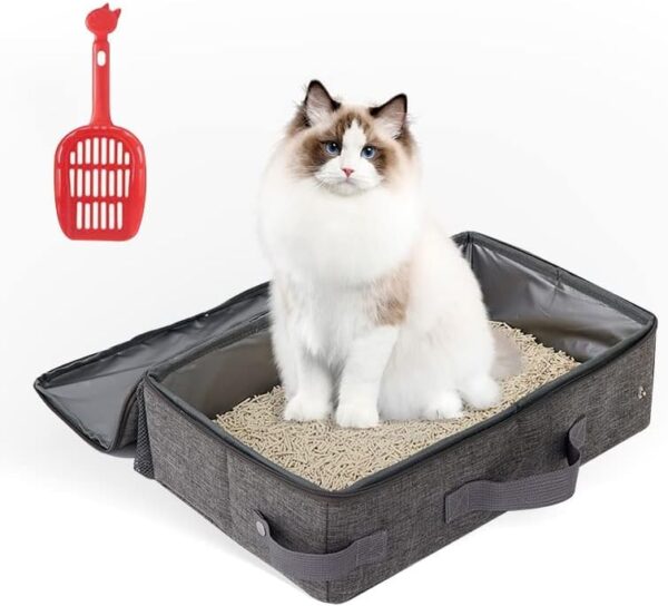 HIKEMAN Kitten Cat Litter Tray - Foldable Litter Box,Portable Cat Toilet with a Scoop for Small Cats & Rabbits,Pet Supplies for Housetraining,Travel (Grey)