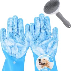 2pcs Dog Bath Gloves and Comb, Cleaning Gloves Multifunction, Dog Brushes for Grooming, Dog Washing Gloves, Dog Grooming Gloves, Washing Up Gloves Large, Bathing and Massaging Gloves for Dogs and Cats