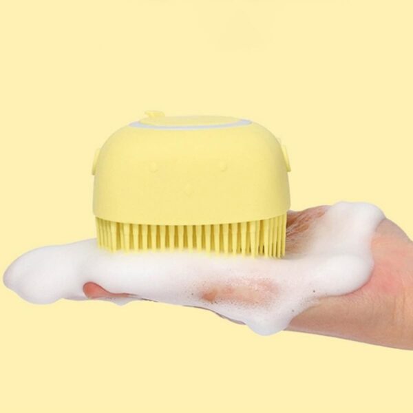 Dog Cat Bath Brush Pet Grooming Soothe Massage Brush with Shampoo Dispenser Soft Silicone Bristle for Dogs and Cats Long Short Haired Puppy Washing Shower Grooming - Yellow - Image 3