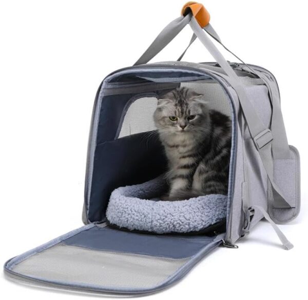 Portable Soft Fabric Cat Carrier Bag For Safe And Comfy Pet Travel - Front & Side Opening To Help Carry Your Cat - Mesh Window For Light & Air For Your Cat - Comfortable Leather Handle Travel Case - Image 3