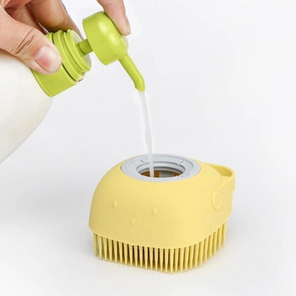 Dog Cat Bath Brush Pet Grooming Soothe Massage Brush with Shampoo Dispenser Soft Silicone Bristle for Dogs and Cats Long Short Haired Puppy Washing Shower Grooming - Yellow - Image 4