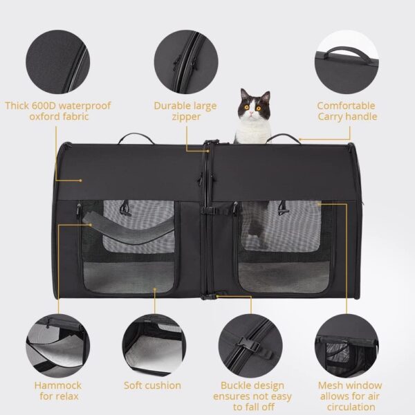 Portable 2-in-1 Double Cat Carrier Bag, Soft-Sided Pet Kennel, Twin Compartment Show House Cat Crate,Collapsible Comfy Large Cat Home&Travel Medium Dog Carrier with Carry Bag/Hammock/Mats for All Pets - Image 4