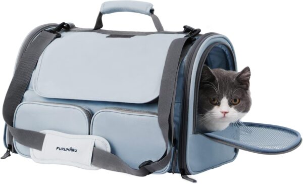 FUKUMARU Cat Carrier, Soft-Sided Small Dog Carrier, Large Cat Travel Bag with 4 Mesh Windows, Under 6.8 Kg Airline Approved Pet Carrier with 4 Storage Pockets, Rollable Cover for Nervous Cats, Grey - Image 8