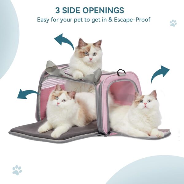 PETSFIT Cat Travel Carrier with Extendable Fleece Pet Mat, Cat Carrier Airline Approved with Safety Leash for Pets Up to 12 Lbs (44 * 26.5 * 27CM, Pink) - Image 3