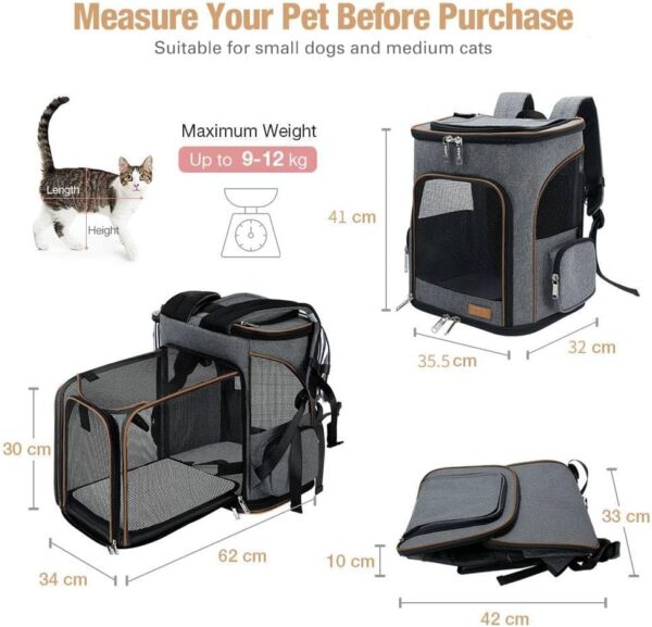 Lekesky Expandable Cat Carrier Backpack - Portable Breathable Rucksack for Medium and Small Cats & Dogs, Foldable with Inner Escape-proof Leash and Pet Mat, Supports 25 lbs (Grey) - Image 2