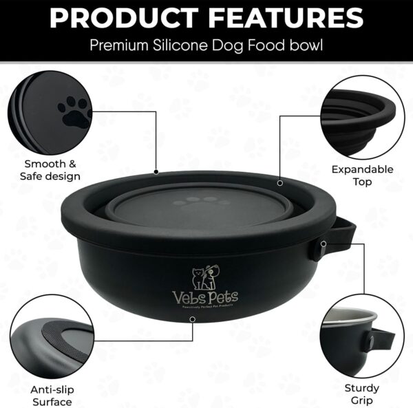 Vebs Pets- Stainless Steel Dog BowL 30 oz, W/Collapsible Bowl Lid 20 oz W/Handle, Leak Proof, Non Slip, Food & Water Pet Bowls for Dogs & Cats, Medium Dogs, Portable Travel Dog Bowl, Black - Image 2