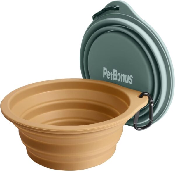 PetBonus 2-Pack Silicone Collapsible Dog Bowl, Portable Foldable Expandable Travel Bowl, BPA Free Dishwasher Safe, Food Water Feeding Cup Dish for Dogs Cats with 2 Carabiners (Turquoise, Tan) - Image 2