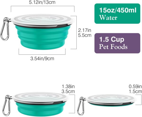 Pawaboo Collapsible Dog Bowls 2 Pack, Silicone Feeding Watering Bowls with Lids & Carabiners for Dogs Cats, Portable Collapsable Water Feeder Food Bowl for Walking Traveling Home Use, VioletTurquoise - Image 4