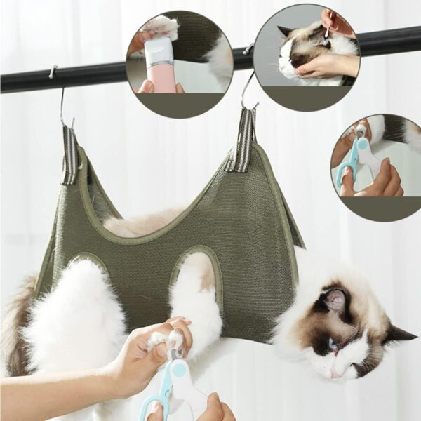 Qrity 1 Piece Cat Grooming Bag, Pet Nail Trimming Harness, Pet Grooming Sling Helper with 2 Hooks, Breathable Grooming Harness Hanging for Dog & Cat Trim Nails and Bath Grooming, Green, XS - Image 2