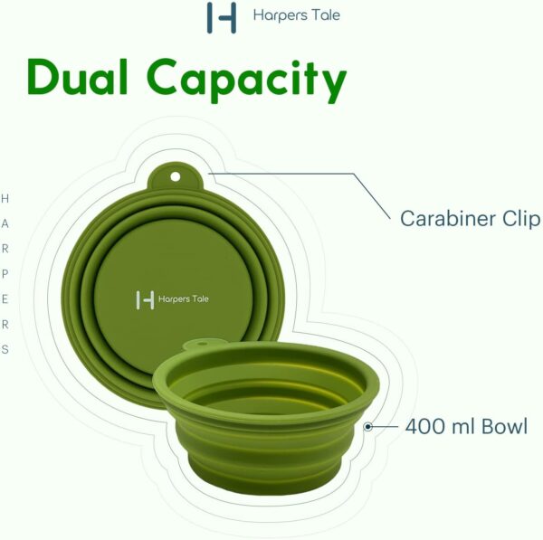 Harpers Tale Green Medium 400ml, Collapsible Travel Dog Food & Water Bowl, Food Safe Silicone, Integrated Mold, No Plastic Rim, Carabiner Clip, BPA-Free. - Image 2