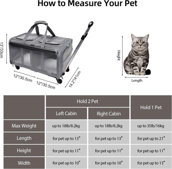 GOYJOY Double-Compartment Pet Rolling Carrier with Wheels for 2 Pets,for Up to 35 LBS,Cat Rolling Carrier for 2 Cats,Super Ventilated Design,Ideal for Traveling/Hiking/Camping - Image 2