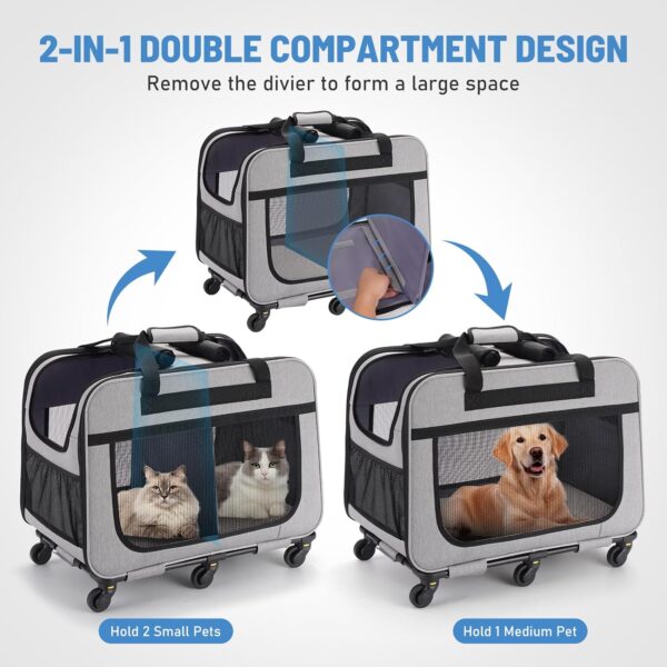 FASNATI Extra Large Double-Compartment Pet Carrier with Detachable Wheels for Cat/Dog, Foldable Rolling Carrier for 2 Cats, Pet Cat Travel Carrier for Walking/Camping, Grey - Image 3