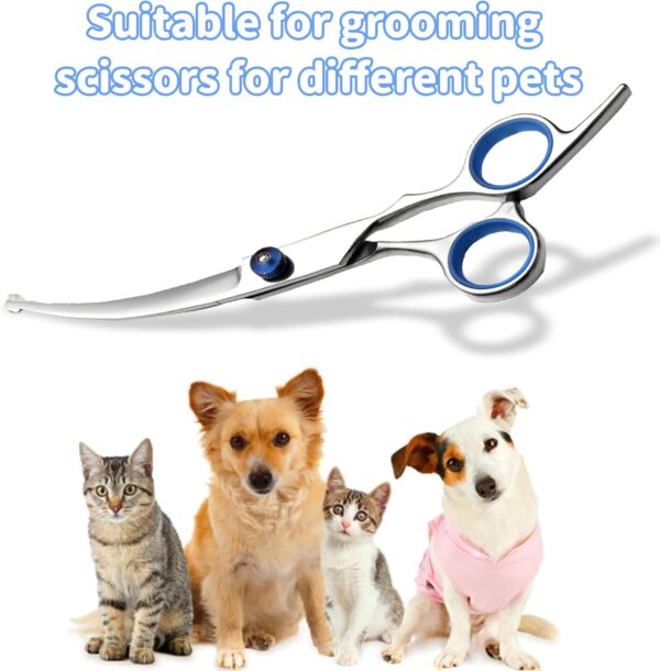 KMZ Pet Grooming Scissors 6" Dog Curved Scissors with Safety Round Tip Stainless Steel Pet Grooming Dog Cat Hair Cutting Trimming Scissors for All Dogs Grooming Family (Blue Curved Scissor) - Image 4