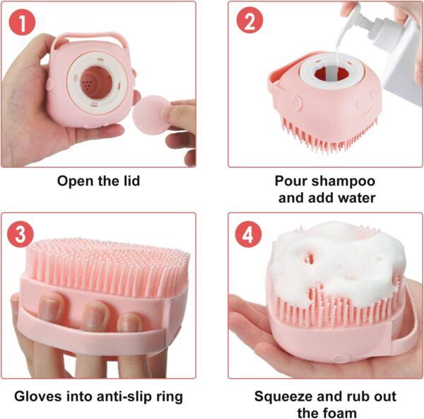 FuninCrea Cat Dog Bath Brush Silicone Dog Bath Massage Brush with Shampoo Dispenser Soft Silicone Pet Grooming Soothe Massage Brush for Dogs Cats Small Animals Shower (Pink) - Image 4