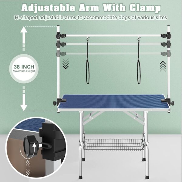 Lyromix Dog Grooming Table, Adjustable Large Pet Drying Desktop, Foldable Bathing Desk with Arms, Noose, Mesh Tray, Maximum Capacity Up to 330Lb, Stainless Steel, Blue, 42inch - Image 4