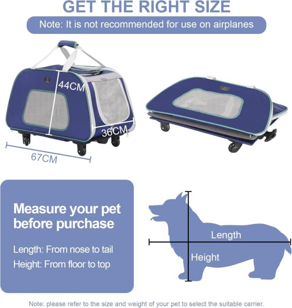 A 4 Pet Dog Carrier on Wheels, Rolling Cat Carrier Up to 33 LBS, Portable Pet Carrier Travel Bag with Handle Adjustable and Removable Base, Navy Blue - Image 5