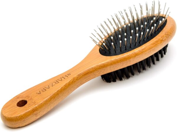 Harzara Eco-Friendly Pet Brush for Dogs & Cats. Professional, Double Sided Pin & Bristle for Short, Medium or Long Hair. Bamboo Grooming Comb Cleans Pet Shedding & Dirt Plus Smoothes Coat. - Image 2